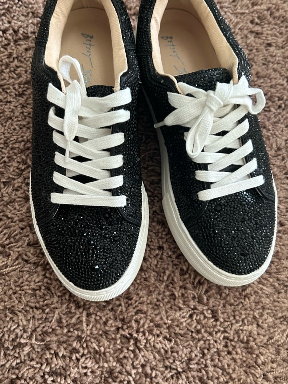 Betsey Johnson Black Crystal-Embellished Sneakers with White Laces